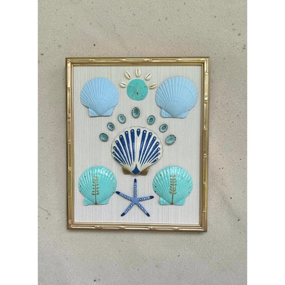 Palm Beach Regency Shell Art in Gold Faux Bamboo Frame Coastal Luxe Wall Decor